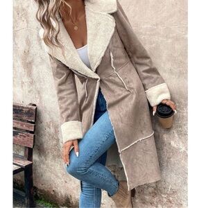 Plus Teddy Lined Button Down Wide Collar Knee Length Jacket Coat 1X 2X 3X 4X